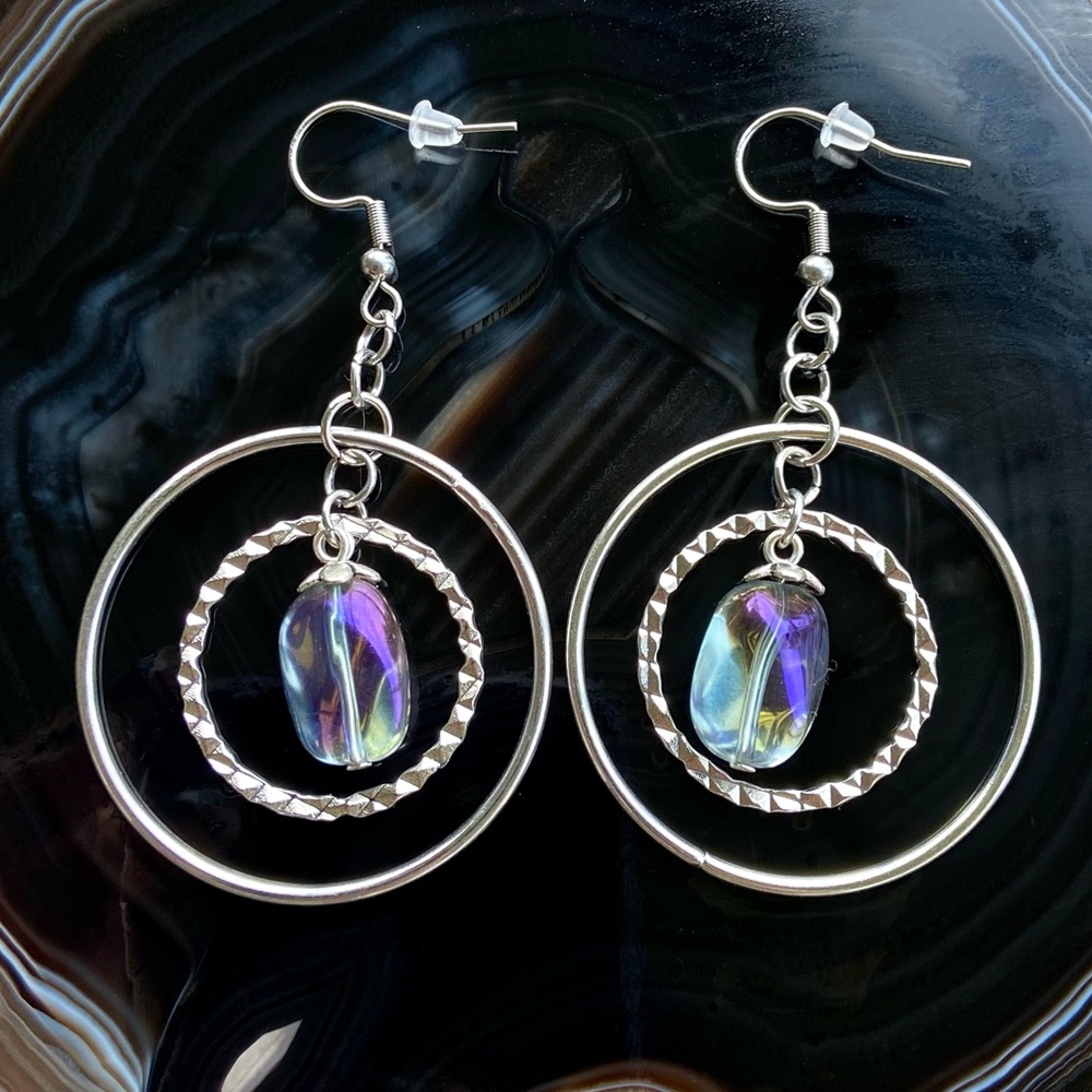 Purple Aura crystal hoops dangly stainless steel earrings